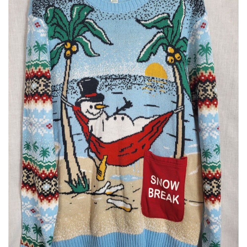 Novelty Cute Ugly Christmas Sweater Women's (L) Tropical Snowman Holiday Snow
